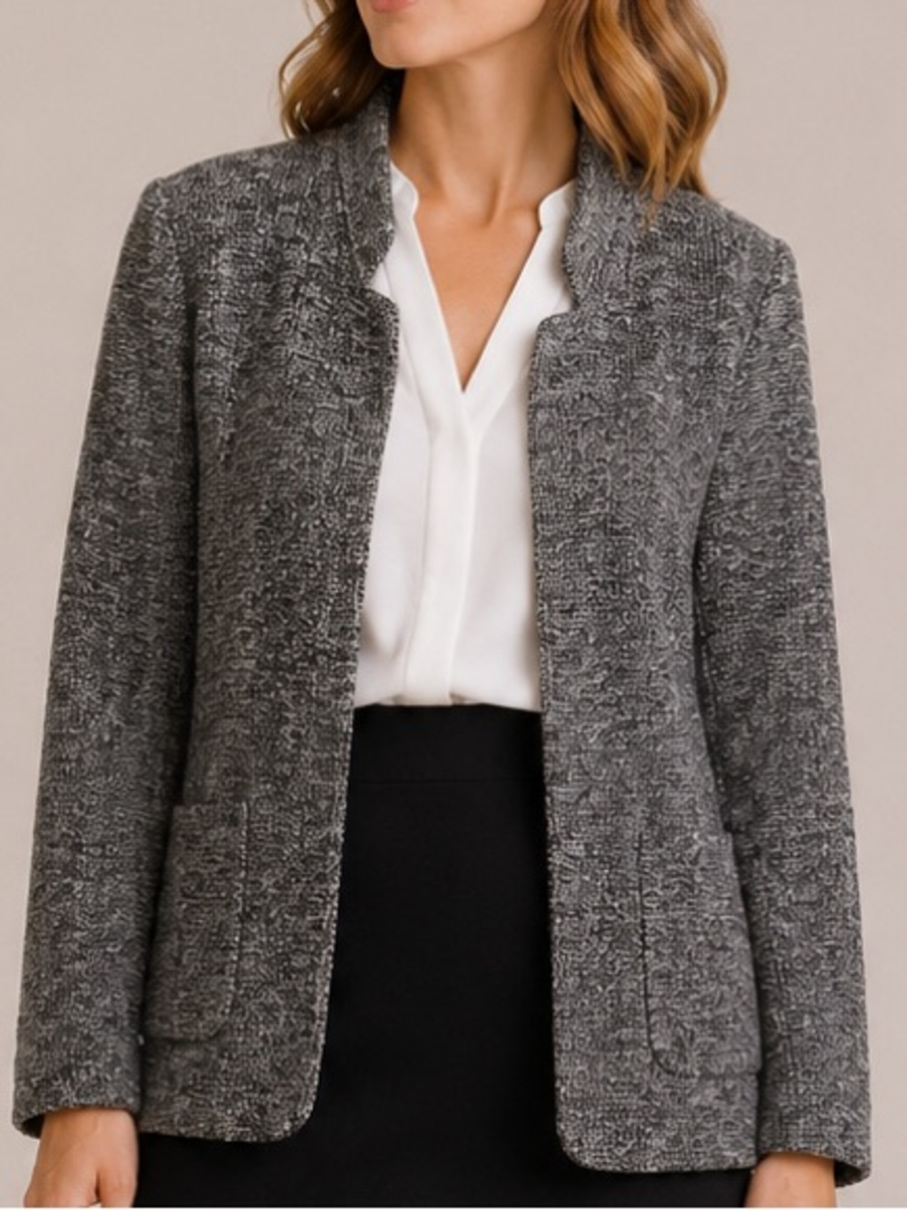 Soft Surroundings St. James Salt & Pepper Knit Open Blazer Jacket Medium